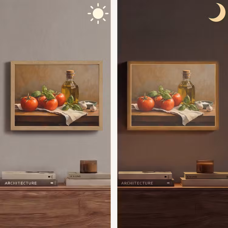 Tomaten - Olijfolie - Stilleven Light Box met batterij (Wandlamp) middel -sfeer3