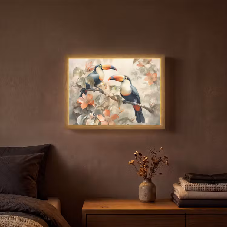Toekan - Vogels - Bloemen - Tak Light Box met batterij (Wandlamp) middel -sfeer4