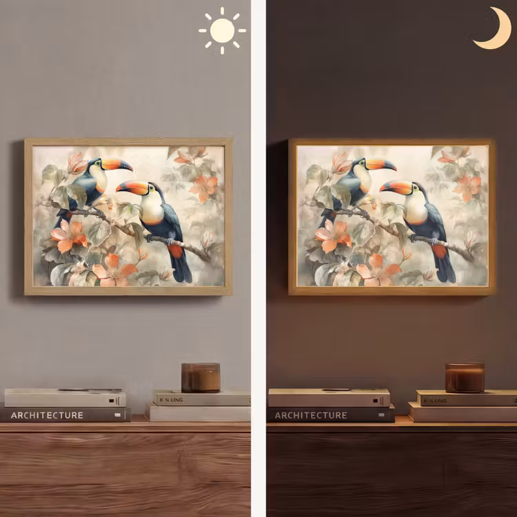 Toekan - Vogels - Bloemen - Tak Light Box met batterij (Wandlamp) middel -sfeer3