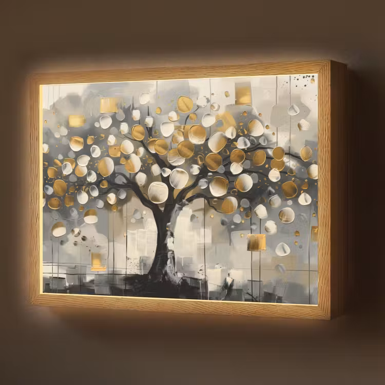 Boom - Abstract - Beige - Goud - Zwart Light Box met batterij (Wandlamp) middel -z3d_website