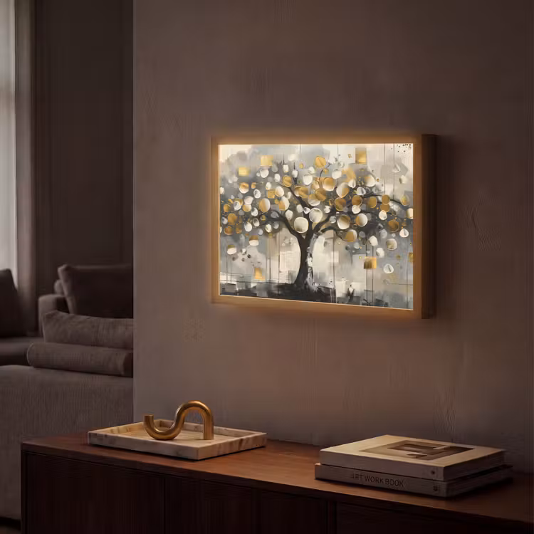 Boom - Abstract - Beige - Goud - Zwart Light Box met batterij (Wandlamp) middel -sfeer1