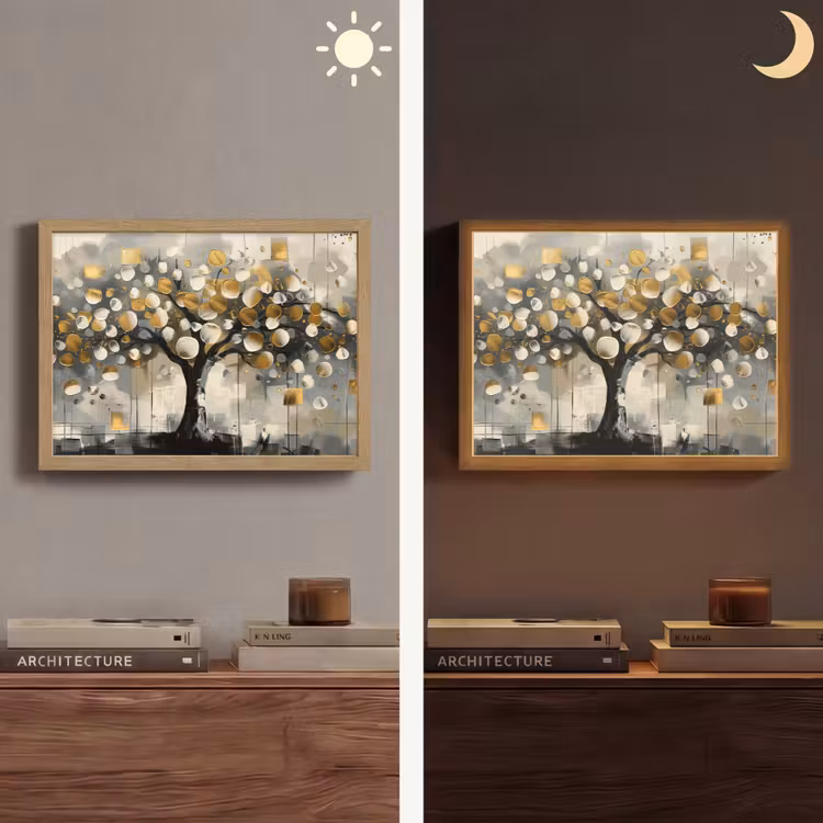 Boom - Abstract - Beige - Goud - Zwart Light Box met batterij (Wandlamp) middel -sfeer3