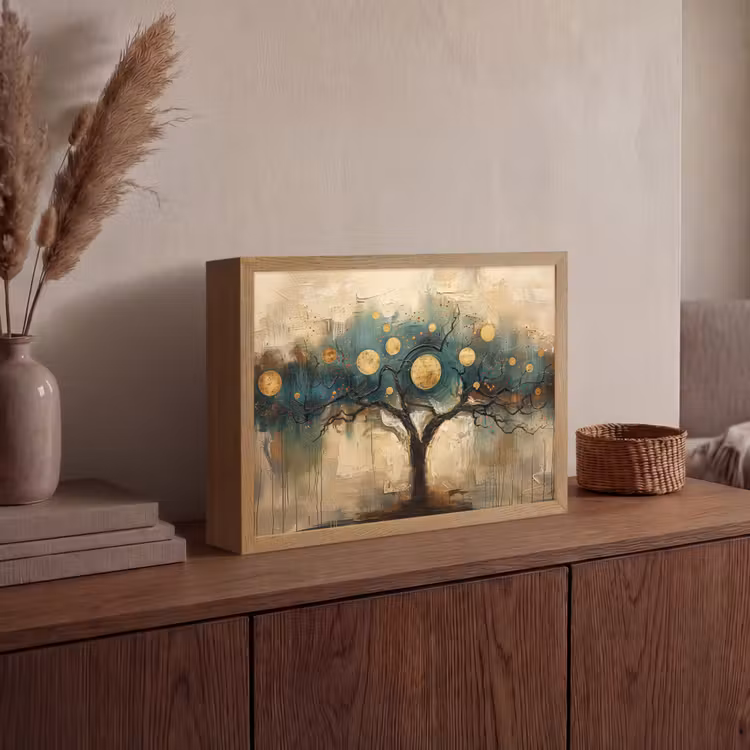 Boom - Abstract - Bruin - Goud - Industrieel Light Box met batterij (Wandlamp) middel -sfeer2