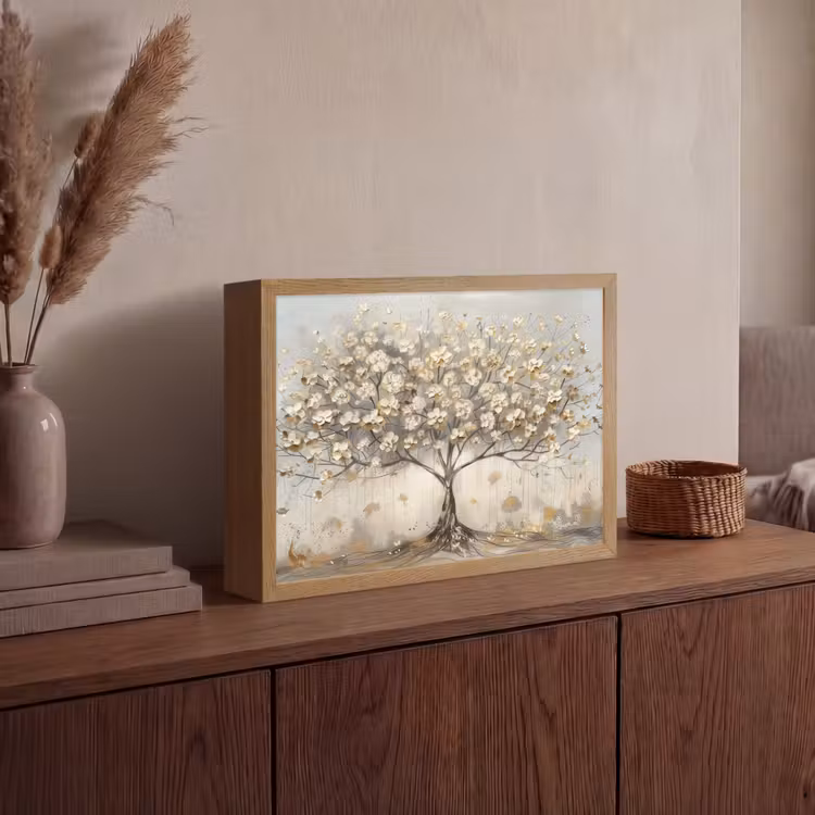 Boom - Beige - Goud - Verflook - Grijs Light Box met batterij (Wandlamp) middel -sfeer2