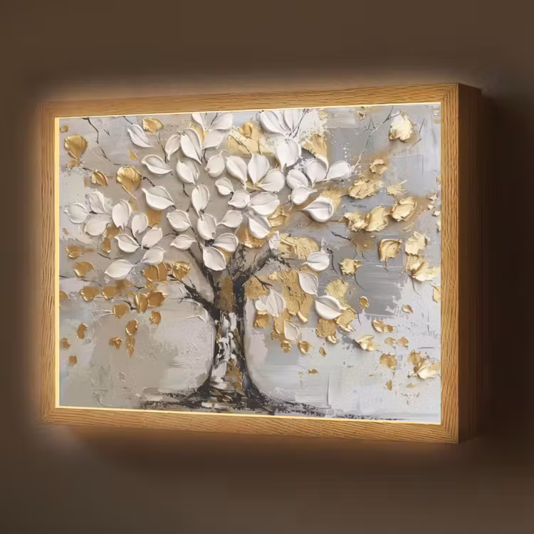 Boom - Beige - Grijs - Goud - Abstract Light Box met batterij (Wandlamp) middel -z3d_website