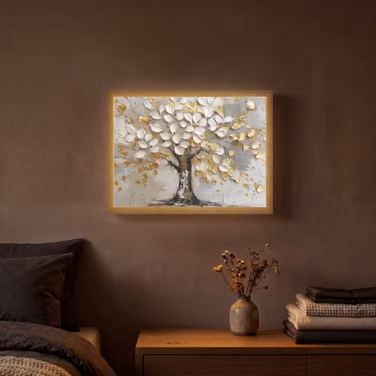 Boom - Beige - Grijs - Goud - Abstract Light Box met batterij (Wandlamp) middel -sfeer4