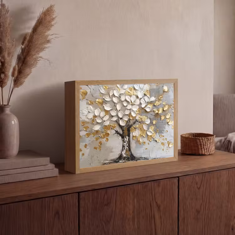 Boom - Beige - Grijs - Goud - Abstract Light Box met batterij (Wandlamp) middel -sfeer2