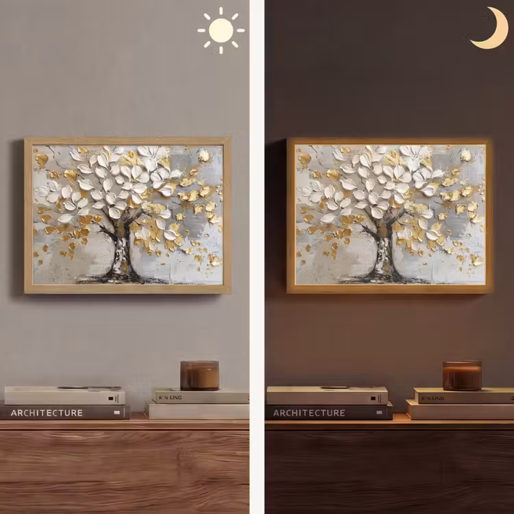 Boom - Beige - Grijs - Goud - Abstract Light Box met batterij (Wandlamp) middel -sfeer3