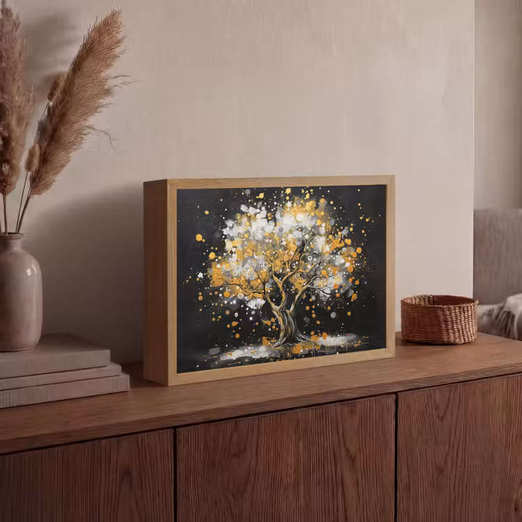 Boom - Zwart - Goud - Wit - Modern Light Box met batterij (Wandlamp) middel -sfeer2
