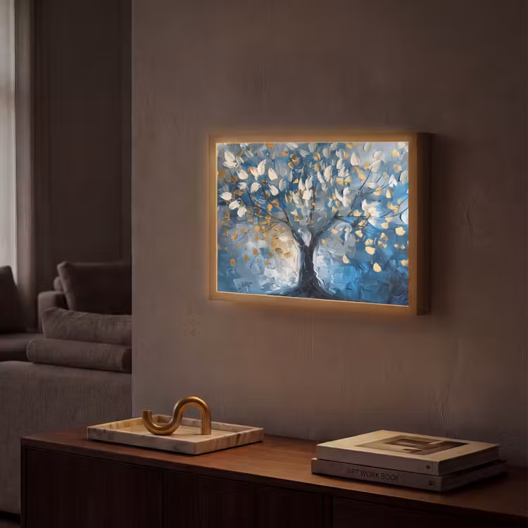 Boom - Blauw - Goud - Abstract Light Box met batterij (Wandlamp) middel -sfeer1