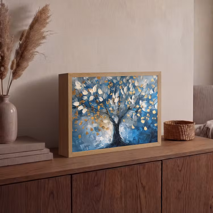 Boom - Blauw - Goud - Abstract Light Box met batterij (Wandlamp) middel -sfeer2