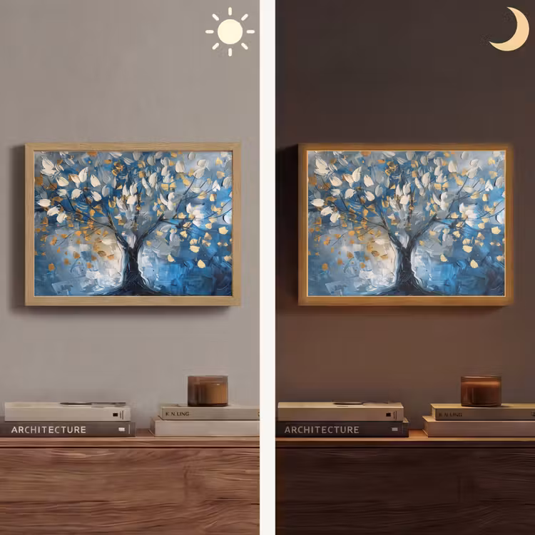 Boom - Blauw - Goud - Abstract Light Box met batterij (Wandlamp) middel -sfeer3