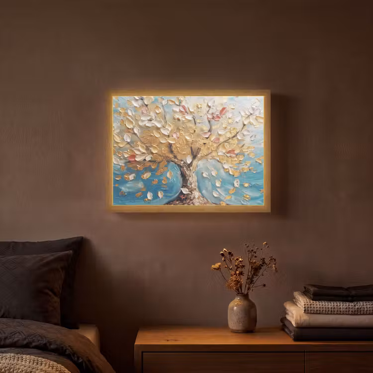 Boom - Blauw - Goud - Abstract - Modern Light Box met batterij (Wandlamp) middel -sfeer4