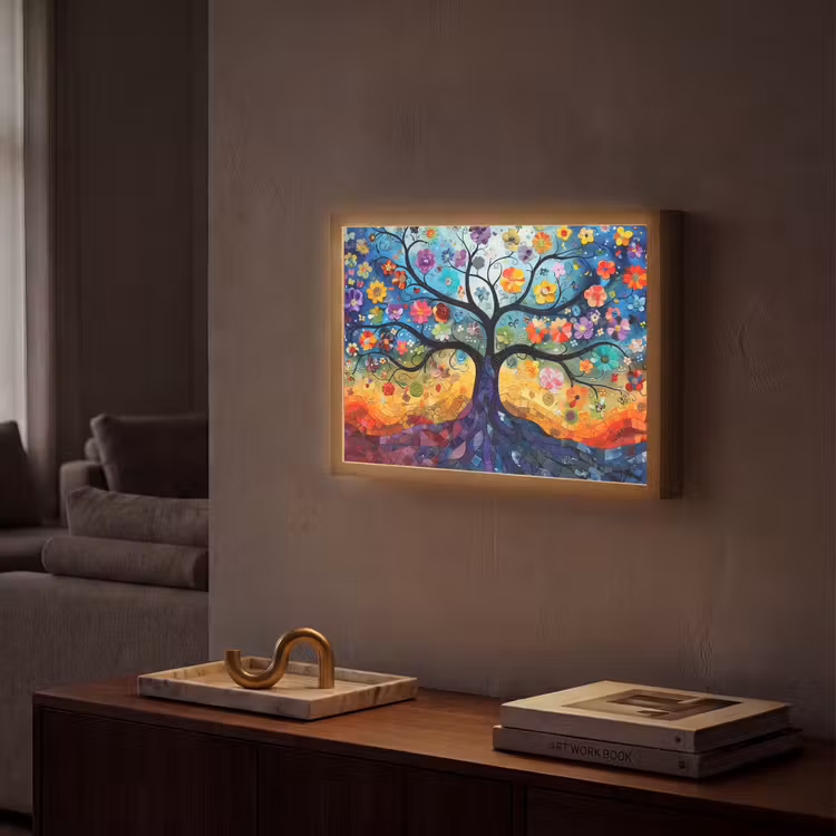 Boom - Kleurrijk - Bloemen - Kunst - Abstract Light Box met batterij (Wandlamp) middel -sfeer1