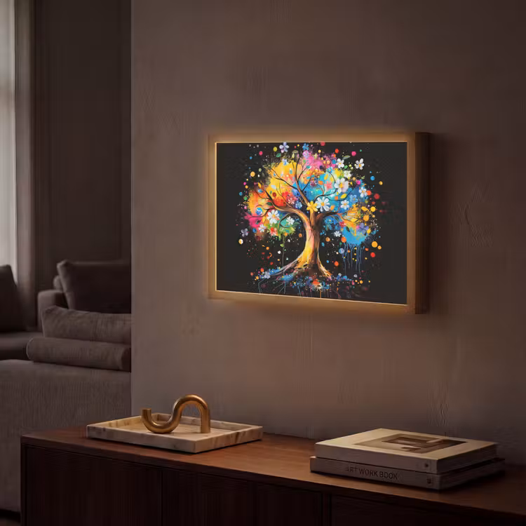 Boom - Kleurrijk - Bloemen - Zwart Light Box met batterij (Wandlamp) middel -sfeer1