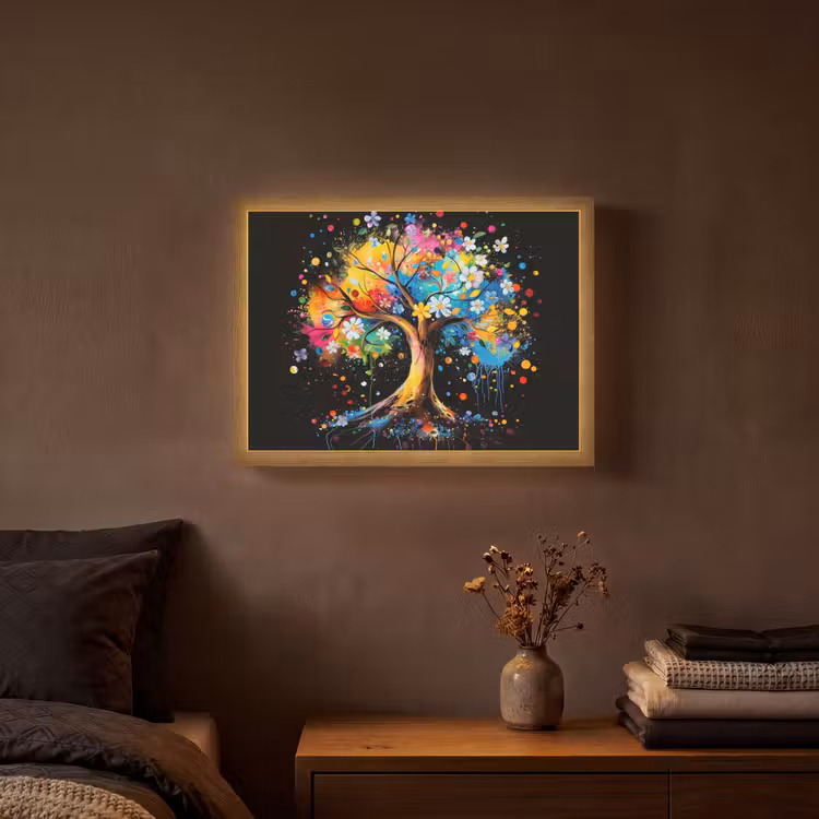 Boom - Kleurrijk - Bloemen - Zwart Light Box met batterij (Wandlamp) middel -sfeer4