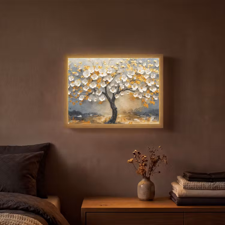 Boom - Bloemen - Goud - Beige Light Box met batterij (Wandlamp) middel -sfeer4