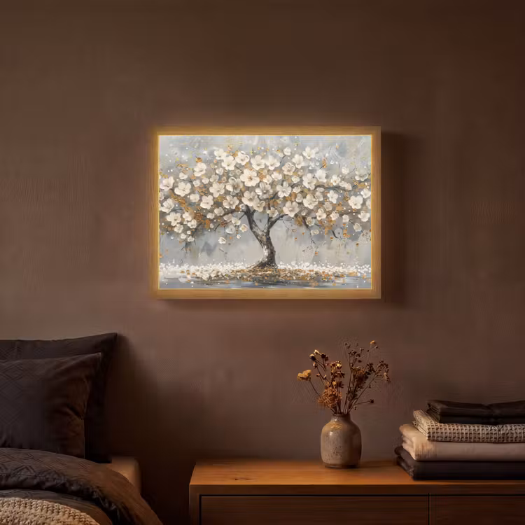 Boom - Goud - Bloemen - Abstract - Kunst Light Box met batterij (Wandlamp) middel -sfeer4