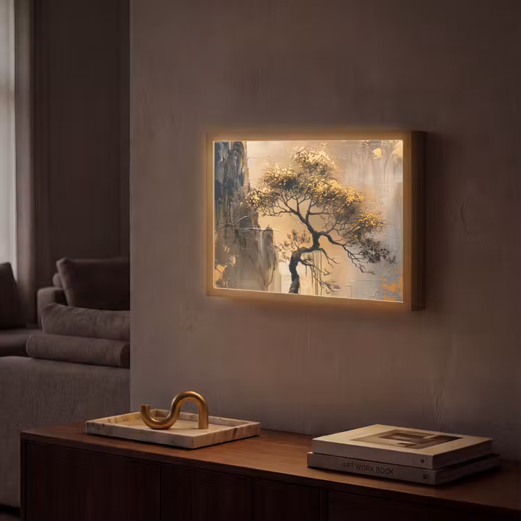 Boom - Goud - Landschap - Verf Light Box met batterij (Wandlamp) middel -sfeer1