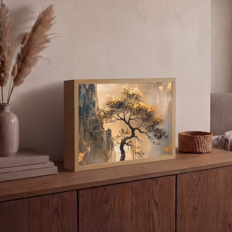 Boom - Goud - Landschap - Verf Light Box met batterij (Wandlamp) middel -sfeer2