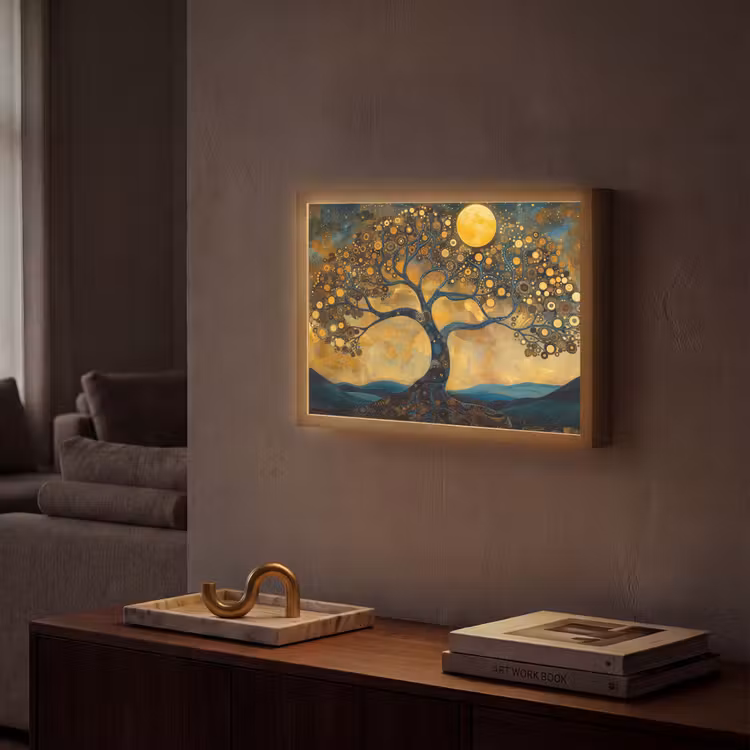 Boom - Industrieel - Abstract - Geel Light Box met batterij (Wandlamp) middel -sfeer1