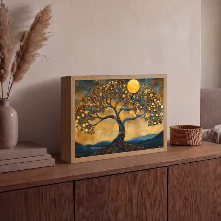 Boom - Industrieel - Abstract - Geel Light Box met batterij (Wandlamp) middel -sfeer2