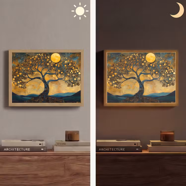 Boom - Industrieel - Abstract - Geel Light Box met batterij (Wandlamp) middel -sfeer3