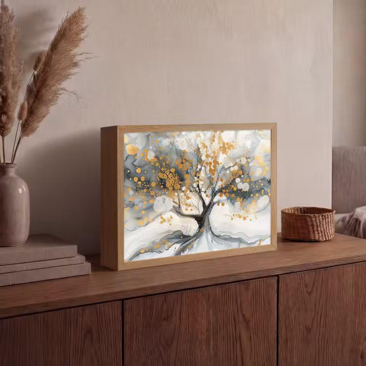 Boom - Modern - Abstract - Goud - Zwart - Wit Light Box met batterij (Wandlamp) middel -sfeer2