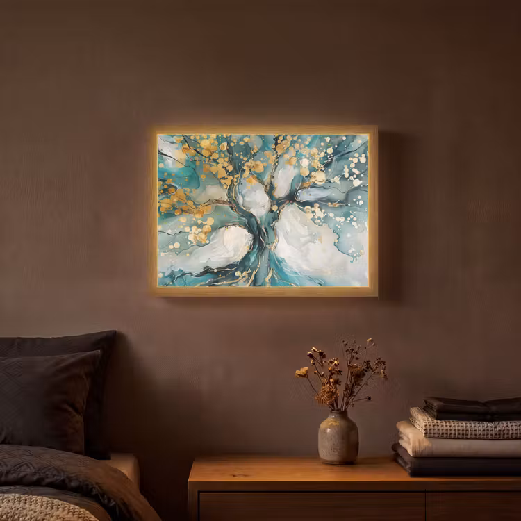 Boom - Modern - Verflook - Turquoise - Goud Light Box met batterij (Wandlamp) middel -sfeer4