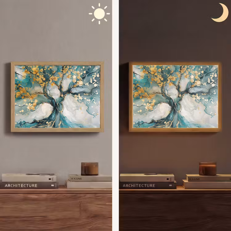 Boom - Modern - Verflook - Turquoise - Goud Light Box met batterij (Wandlamp) middel -sfeer3