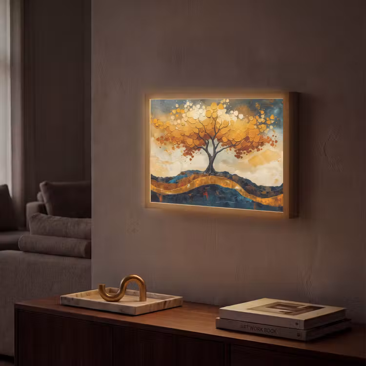 Boom - Natuur - Goud - Modern Light Box met batterij (Wandlamp) middel -sfeer1