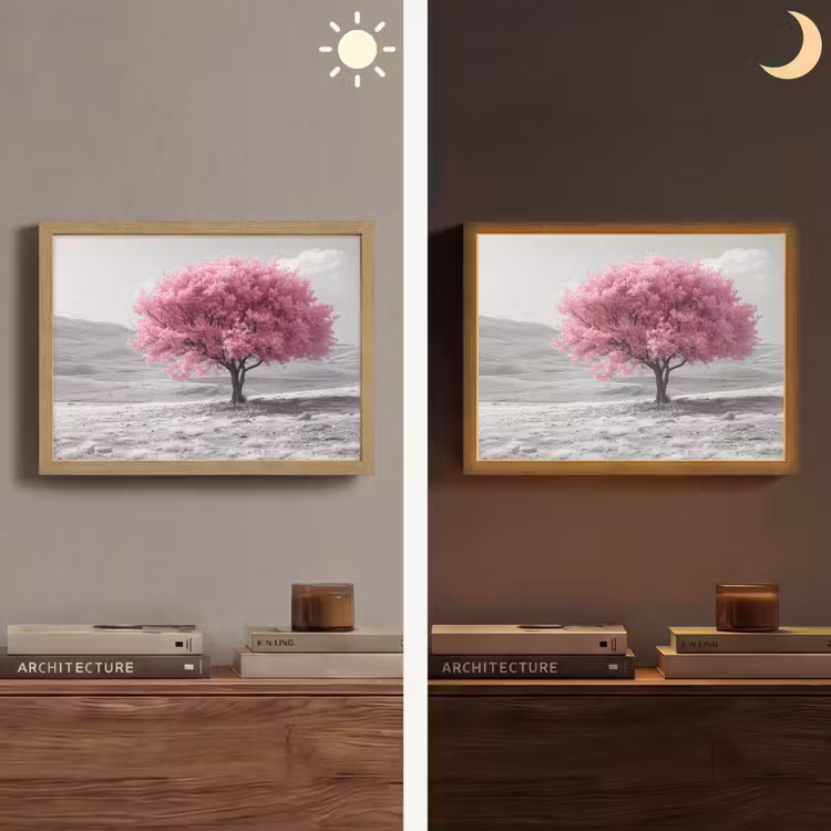 Boom - Natuur - Roze - Zwart wit Light Box met batterij (Wandlamp) middel -sfeer3