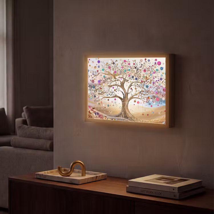 Levensboom - Goud - Kleurrijk - Abstract - Aesthetic Light Box met batterij (Wandlamp) middel -sfeer1