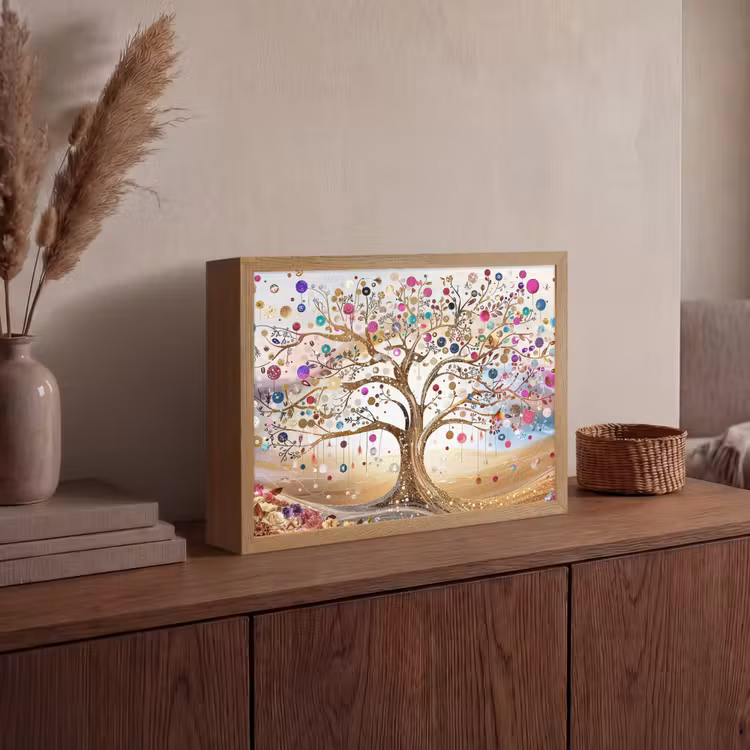 Levensboom - Goud - Kleurrijk - Abstract - Aesthetic Light Box met batterij (Wandlamp) middel -sfeer2