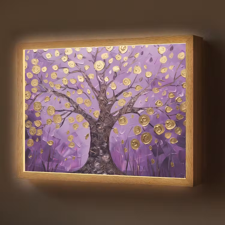 Levensboom - Boom - Paars - Goud - Modern Light Box met batterij (Wandlamp) middel -z3d_website