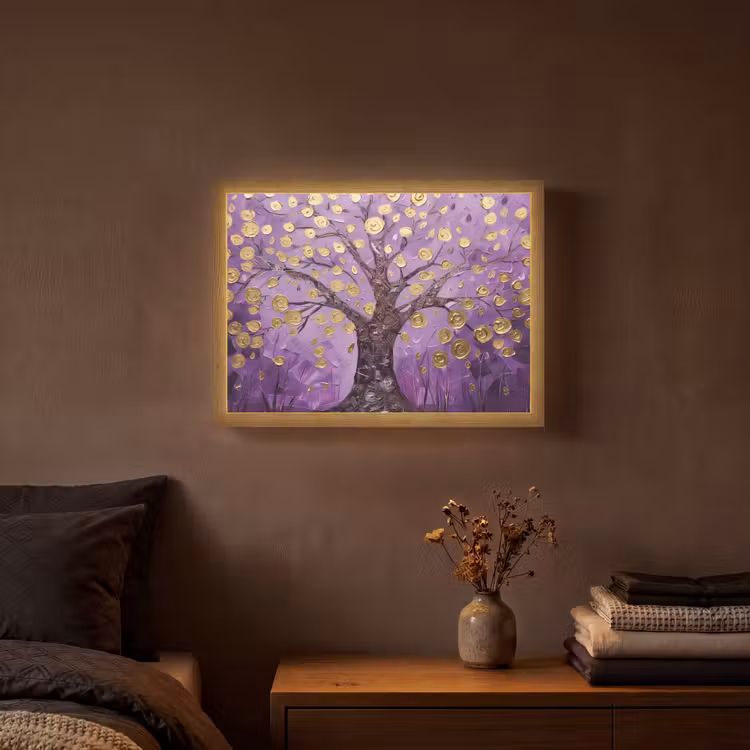 Levensboom - Boom - Paars - Goud - Modern Light Box met batterij (Wandlamp) middel -sfeer4