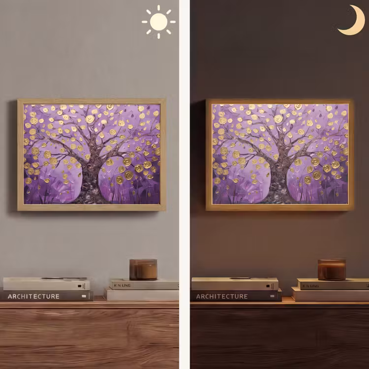 Levensboom - Boom - Paars - Goud - Modern Light Box met batterij (Wandlamp) middel -sfeer3