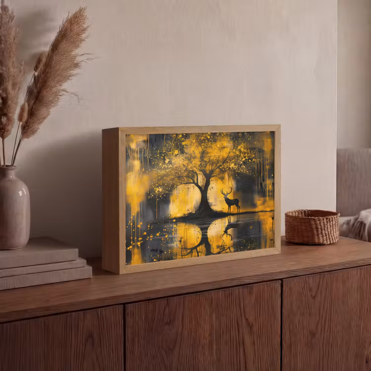 Boom - Verflook - Hert - Natuur - Goud Light Box met batterij (Wandlamp) middel -sfeer2