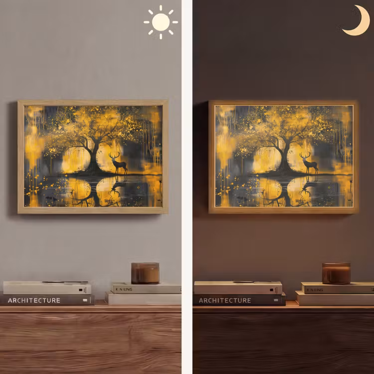 Boom - Verflook - Hert - Natuur - Goud Light Box met batterij (Wandlamp) middel -sfeer3