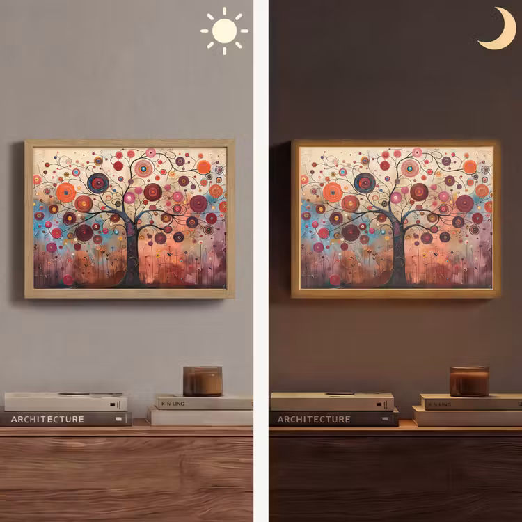Boom - Paars - Abstract - Kunst Light Box met batterij (Wandlamp) middel -sfeer3