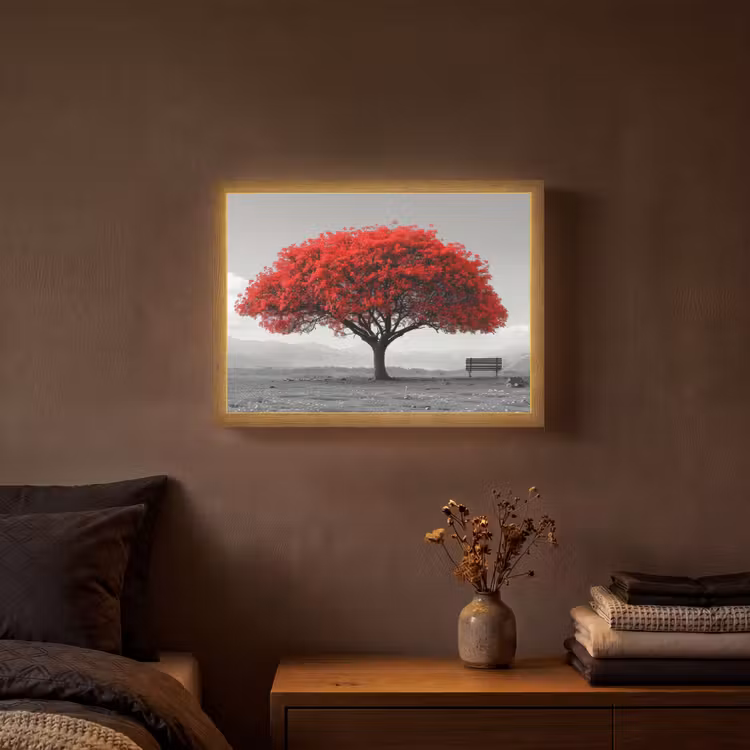 Boom - Rood - Natuur - Zwart wit Light Box met batterij (Wandlamp) middel -sfeer4