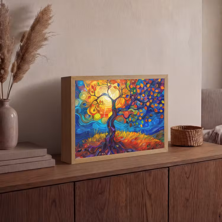 Boom - Zon - Verflook - Kleuren - Abstract Light Box met batterij (Wandlamp) middel -sfeer2
