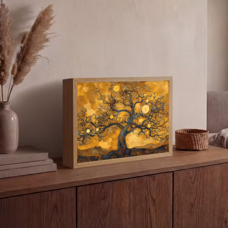 Boom - Levensboom - Abstract - Goud Light Box met batterij (Wandlamp) middel -sfeer2