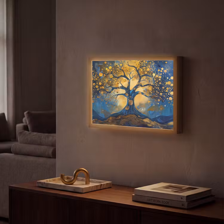 Boom - Levensboom - Blauw - Goud Light Box met batterij (Wandlamp) middel -sfeer1