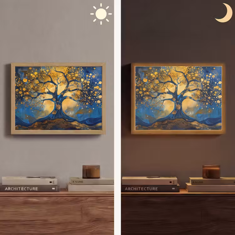 Boom - Levensboom - Blauw - Goud Light Box met batterij (Wandlamp) middel -sfeer3