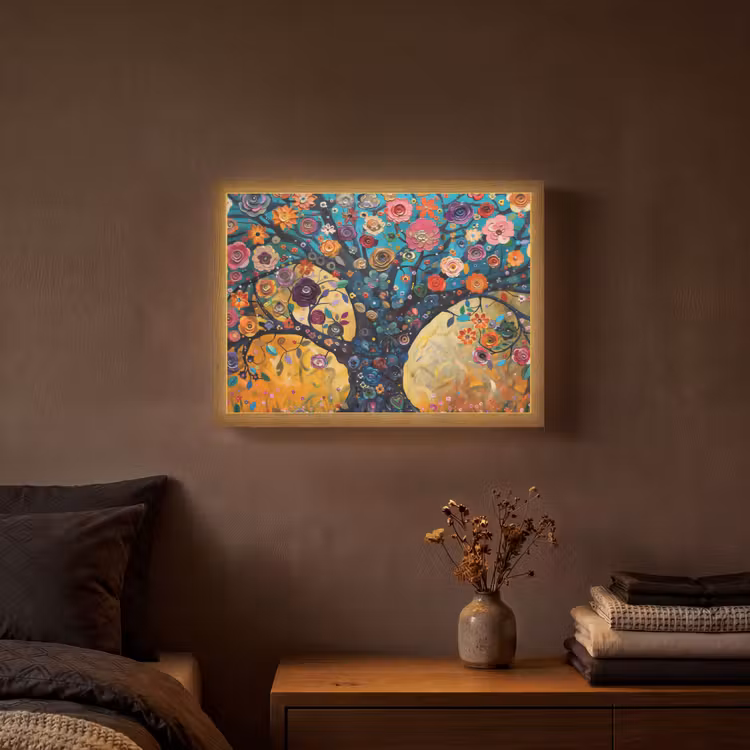 Boom - Levensboom - Kleurrijk - Bloemen - Modern Light Box met batterij (Wandlamp) middel -sfeer4