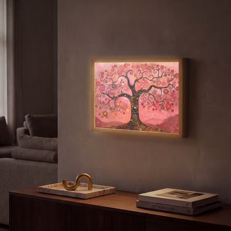 Boom - Levensboom - Roze - Goud Light Box met batterij (Wandlamp) middel -sfeer1