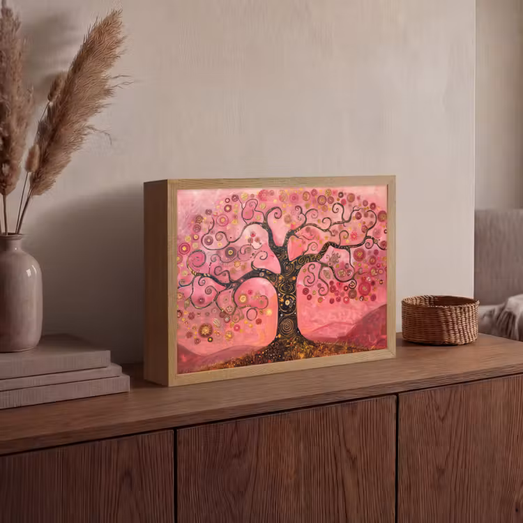Boom - Levensboom - Roze - Goud Light Box met batterij (Wandlamp) middel -sfeer2