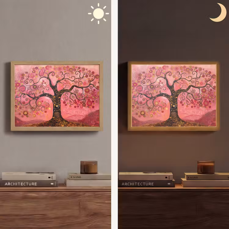 Boom - Levensboom - Roze - Goud Light Box met batterij (Wandlamp) middel -sfeer3