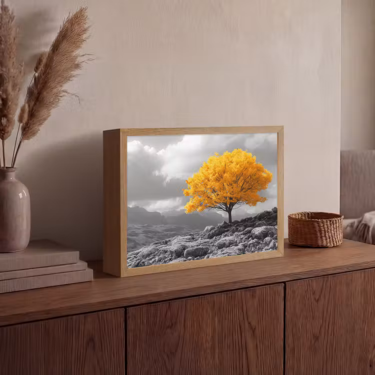 Boom - Geel - Natuur - Zwart wit Light Box met batterij (Wandlamp) middel -sfeer2